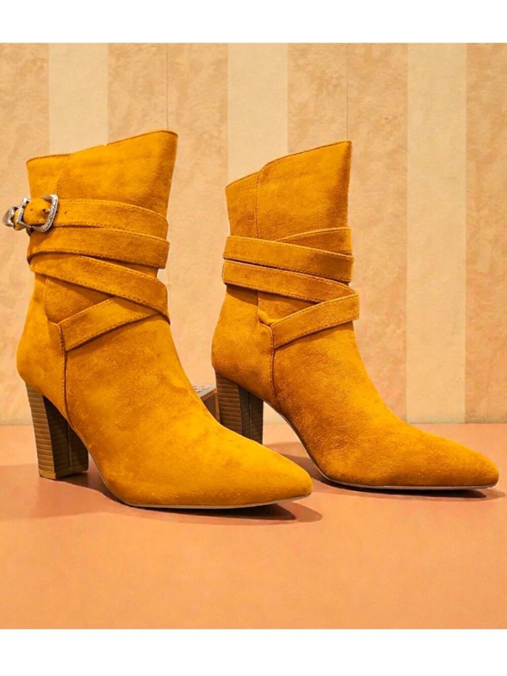 Mocha Faux Suede Ankle Boots With Stacked Heel & Decorative Buckle Strap Design